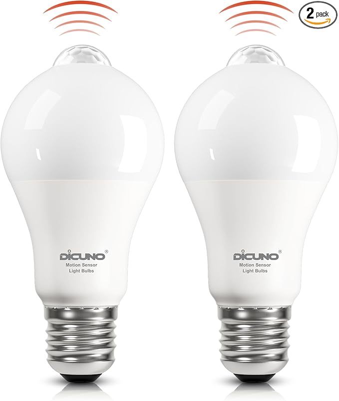 DiCUNO PIR Motion Sensor Light Bulbs, 12W (100W Equivalent) E26 LED Body Motion Sensor Infrared Bulb Auto on/Off, Outdoor/Indoor Light for Front Porch Garage, 1100LM 5000K Daylight White, 2 Pack