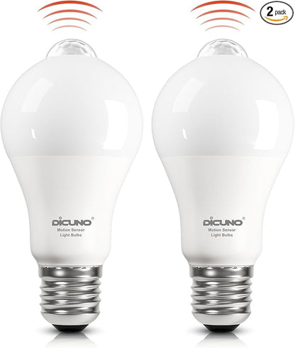 DiCUNO PIR Motion Sensor Light Bulbs, 12W (100W Equivalent) E26 LED Body Motion Sensor Infrared Bulb Auto on/Off, Outdoor/Indoor Light for Front Porch Garage, 1100LM 5000K Daylight White, 2 Pack