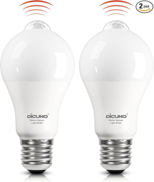 DiCUNO PIR Motion Sensor Light Bulbs, 12W (100W Equivalent) E26 LED Body Motion Sensor Infrared Bulb Auto on/Off, Outdoor/Indoor Light for Front Porch Garage, 1100LM 5000K Daylight White, 2 Pack