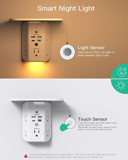 PD20W Wall Outlet Extender with Shelf & Night Light – 5 AC Outlets, 2 USB-A, 2 USB-C, 3-Sided Wide-Space Design, Surge Protector, Multi-Plug Outlet Splitter – Ideal for Home Office, College Dorm, RV