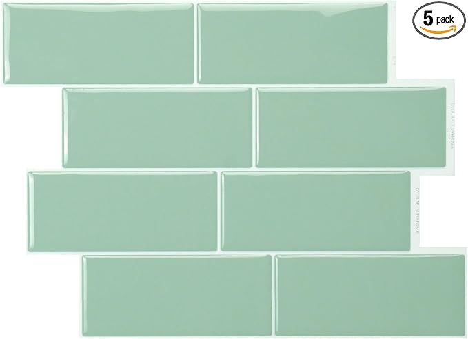 Smart Tiles Peel and Stick backsplash, Subway Jade Green, 11.55"x8.38" | Pack of 5 (2.8 sq ft), Glossy, Heat/Moisture Resistant, Low VOC, Kitchen/Bathroom, Renter Friendly, Made in Canada