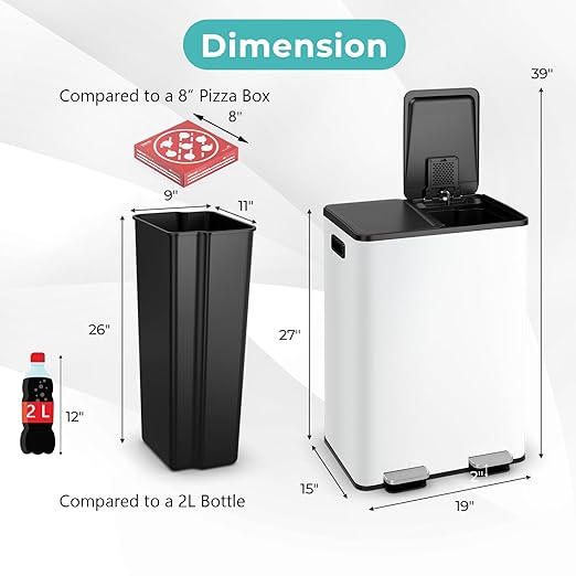 Goplus 16 Gallon/ (2x30L) Stainless Steel Trash Can, Kitchen Trash Bin w/Dual Removable Inner Buckets, Soft Closure & Step-on Pedal, Deodorizer Compartment, Garbage Bin for Recycling, White