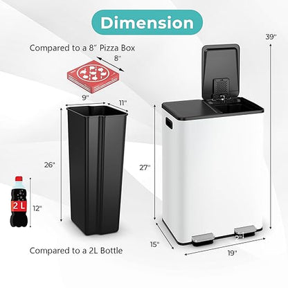 Goplus 16 Gallon/ (2x30L) Stainless Steel Trash Can, Kitchen Trash Bin w/Dual Removable Inner Buckets, Soft Closure & Step-on Pedal, Deodorizer Compartment, Garbage Bin for Recycling, White