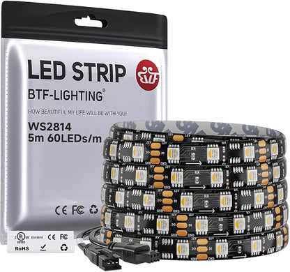 BTF-LIGHTING WS2814 IC RGBW RGB+Warm White UL Listed,DC12V 16.4FT 60LED/m | 20pixel/m,(Similar WS2812B),Addressable4 Colors in 1 Dream Color LED Strip IP65 for Home Decor(No Adapter or Controller)