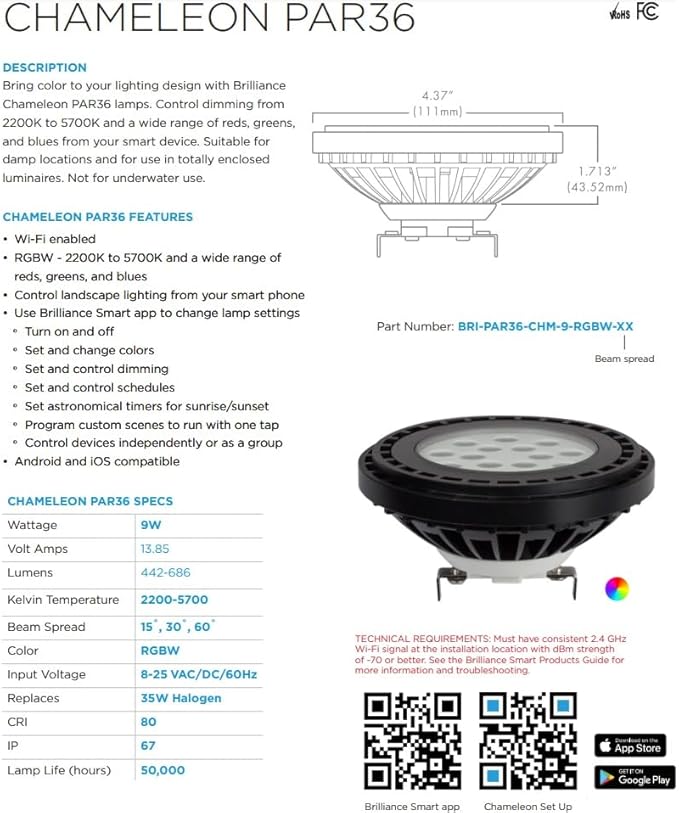 Brilliance BRI-PAR36-CHM-9-RGBW-15 Chameleon Color Changing PAR-36 9W LED Bulb 2200-5700K 15° with WiFi BRIPAR36CHM9GRBW15
