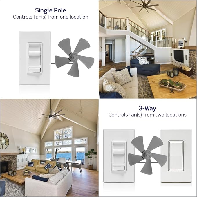 Leviton SureSlide Ceiling Fan Wall Switch, Quiet 3-Speed Fan Control, 1.5 Amps, 661F-10T, Light Almond