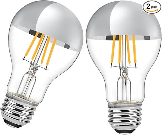 Half Chrome LED Light Bulb 4W (40 Watt Equivalent), Dimmable A19 E26 2700K Warm White Decorative Edison Bulb, Silver Mirror Reflected Light, Pack of 2