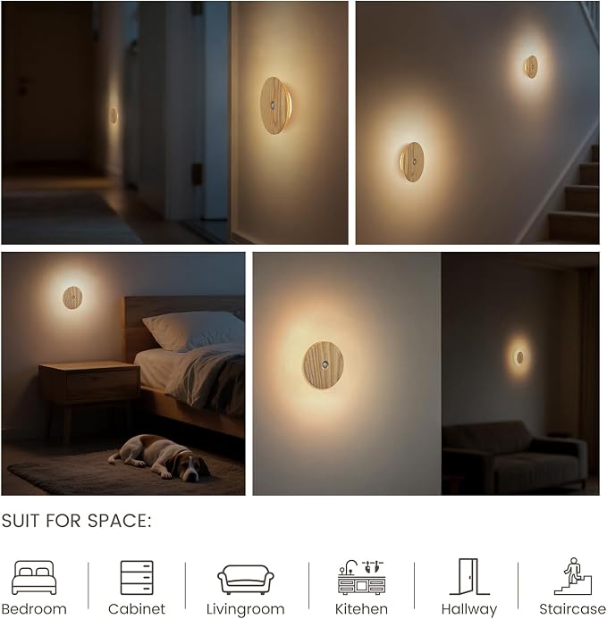 Rechargeable Night Lights with Motion Sensor, Wooden Magnetic Light