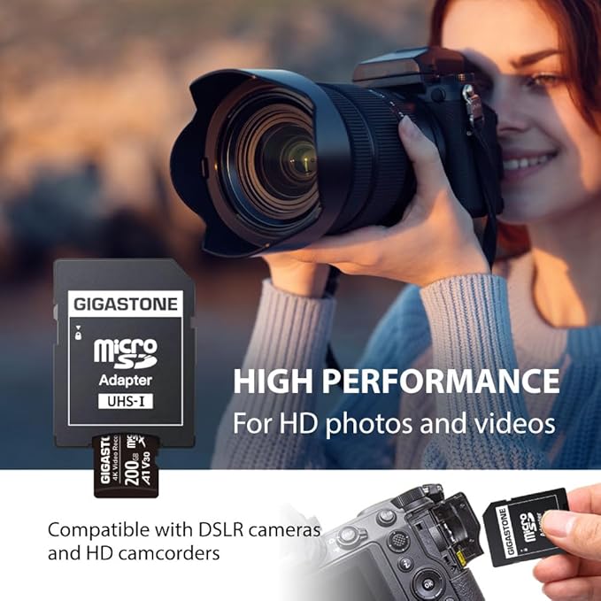 GIGASTONE 200GB Micro SD Card, A1 V30 4K Video Recording, Compatible with Security Camera, Dash Cam, Drone, 100MB/s MicroSDXC Memory Card UHS-I, with Adapter