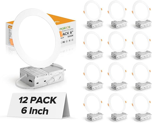 MAILCOS 12 Pack 6 Inch Ultra-Thin LED Recessed Ceiling Light with Junction Box, 5000K Daylight, 1050LM High Brightness, Dimmable Canless Wafer Downlight, 12W 120V, ETL