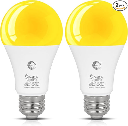 Simba Lighting Bug Non-Attracting Yellow LED Bulb 6W 40W Equivalent (2 Pack), Great for Outdoor Porch Light, Night Light, Dusk-to-Dawn Smart Sensor Auto On/Off, Amber Warm Light, A19 E26 Medium Base