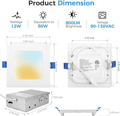 HONZIN 6 Pack 4 Inch Square Recessed Lighting, 5CCT Ultra Thin Square Recessed LED Downlight with Junction Box, 2700K/3000K/3500K/4000K/5000K Selectable, Dimmable,12W, Canless IC Rated, White Trim