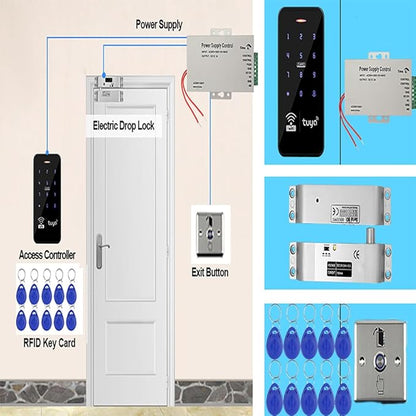 WiFi Tuya Waterproof Access Control System Kit+RFID Keyboard +Power Supply+Door Switch Button+ 10pcs Keyfobs+(Lock)