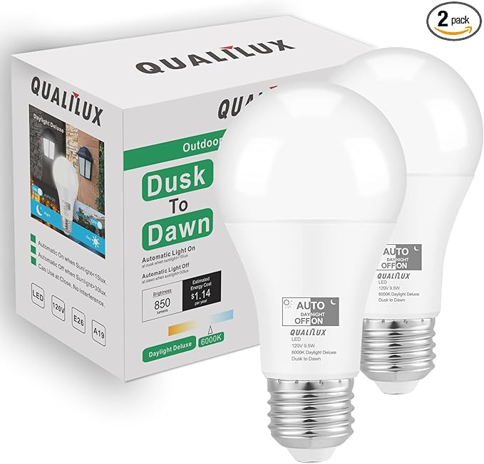 Qualilux Dusk to Dawn Light Bulbs Outdoor 850 Lumen, 60W Equivalent, Daylight Deluxe 6000K, LED 9.5W, A19, E26 Base, 2-Pack, HQ-H002