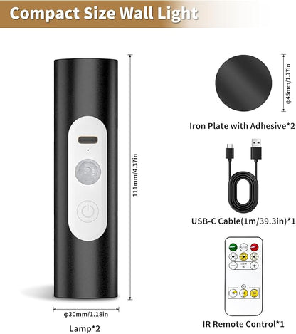 WOBSION Motion Sensor Wall Light with Remote Control, Rechargeable Wireless Wall Sconce, Brightness Adjustable, 3 Color Mode,Indoor Lamp for Hallway, Bedroom,Picture,LED,Black,2 Pack