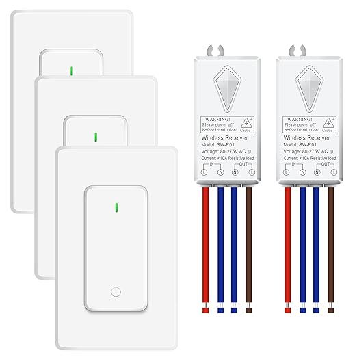 NineLeaf Wireless Light Switches and Receiver Kit, No Wiring Remote Control Wall Switch, 1300FT RF Range Expandable Switch,Ceiling Lights, Fans, Lamps & Outdoor Sheds,1000W LED(3Switches 2Receivers)