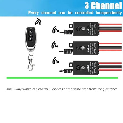 3 Way 12v Mini Remote Control Switch,Wireless Lights Switch Kit,DC 12V/24V/48V/10A Relay with 328FT Long Range,Wireless RF Switch for Car,Lamps,LED Lights,Fans(2 Remote Controls,3 Receivers)