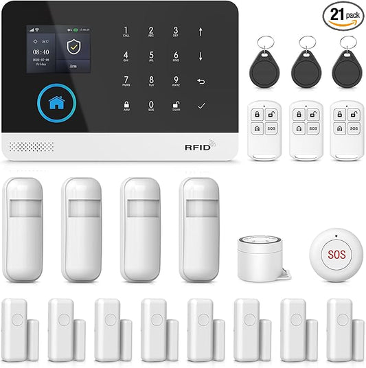 LWOHSI Home Alarm System with LCD Screen,Wireless Home Security Systems with Door Window/Motion Sensors,Loud Siren,GSM 4G /SMS/Tuya APP Alerts,Compatible with Alexa and Google,NO Monthly Fees