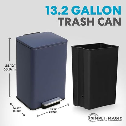 SIMPLI-Magic 50L / 13.2 Gallon Kitchen Trash Can - Soft-Close Lid, Hands-Free Step Pedal, Stainless Steel Garbage Can with Odor Filter, Smudge-Resistant Finish