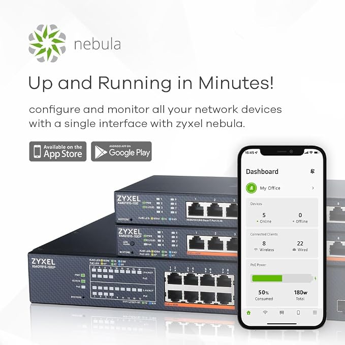 Zyxel 16 Port Network Ethernet Switch | Smart Managed PoE++ | XMG1915-18EP | 8x 2.5G + 8x PoE++ with 180W Budget + 2x 10G SFP+, Smart Fan, NebulaFlex, VLAN, QoS, IGMP Snooping, Rack Mount Kit Included