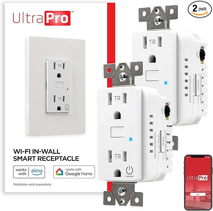 UltraPro in-Wall Smart Outlet, Receptacle, 2.4 GHz Wi-Fi, No Hub Required, Compatible with Alexa & Google Assistant, Tamper-Resistant, 1 Wi-Fi & 1 Always On Outlet, Easy-to-Use-App, 2 Pack, 51416