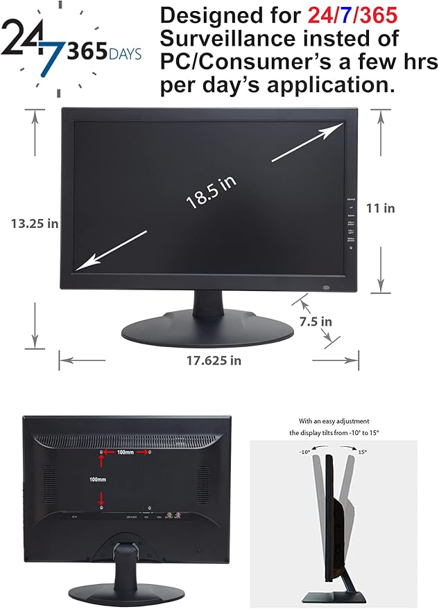1stPV Precision 18.5" Scaled 4K Security LED Monitor, Super Sampling Anti-Aliasing (SSAA) for Ultra-Smooth, Pixel-Perfect Detail, HDMI Scaled 4K/8MP, BNC In/Out, VGA, Ideal for DVR 24/7 Surveillance