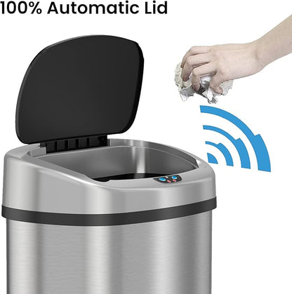 SensorCan 50 Liter / 13 Gallon Kitchen Trash Can with AC Adapter & Odor Filter Kit – Motion Sensor Stainless Steel Garbage Bin for Home, Office, Garage – Slim Oval Shape, Large Capacity Design