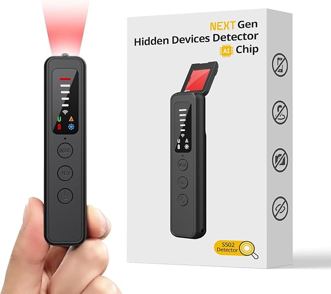 AI Hidden Camera Detector, Spy Camera Detectors – for Hotels, Travel, Home & Office: Portable RF Signal Scanner with 5-Level Sensitivity, AI-Powered Anti-Spy Device, GPS Tracker & Bug Detector