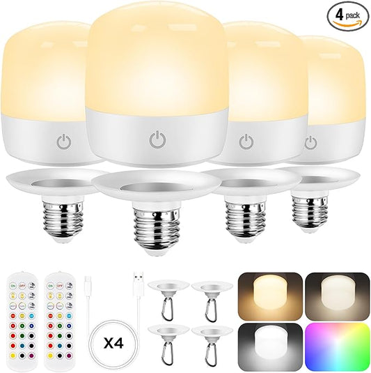 Rechargeable Battery Operated Light Bulb, Dimmable LED Bulb with Remote & Detachable Base, 4000mAh E26 Battery Powered Light Bulb for Non-Hardwired Lamps with 15 Colors Selectable & 3 Timer, 4Pack