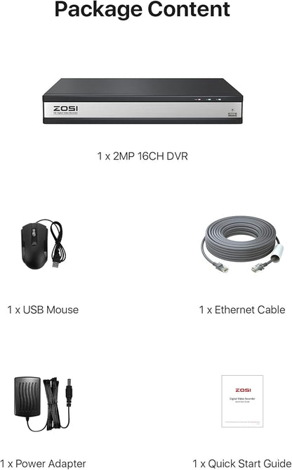 ZOSI 16 Channel H.265+ DVR for Security Camera, 1080p Hybrid 4-in-1 CCTV DVR Surveillance System(Analog/AHD/TVI/CVI), Motion Detection, Mobile Remote Control, Email Alarm (No Hard Drive Included)