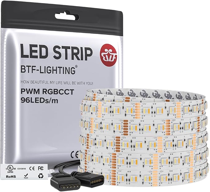BTF-LIGHTING RGBCCT LED Strip UL Listed 16.4ft 96LED/m 300LED DC12V IP30 | White LED Tape 12mm wide 5 Colors in 1 RGB+Dimmable Tunable Color Temperature 2700K-6500K for Decor(No Adapter or Controller)