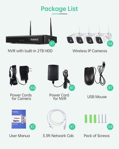 Firstrend 5MP Wireless Security Camera System, 4 Camera CCTV Kit with 8CH NVR & 2TB HDD, Two-Way Audio, Night Vision, Motion Detection Alerts, Remote App Viewing, Indoor Outdoor Home Security