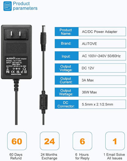 ALITOVE 12V DC Power Supply 3A 36W Universal AC Adapter 100-240V 50-60hz to 12 Volt Power Adapter Cord 3Amp 2.5A 2A 5.5mm x 2.5mm 2.1mm for LED Strip Light CCTV Security Camera PC Monitor and More