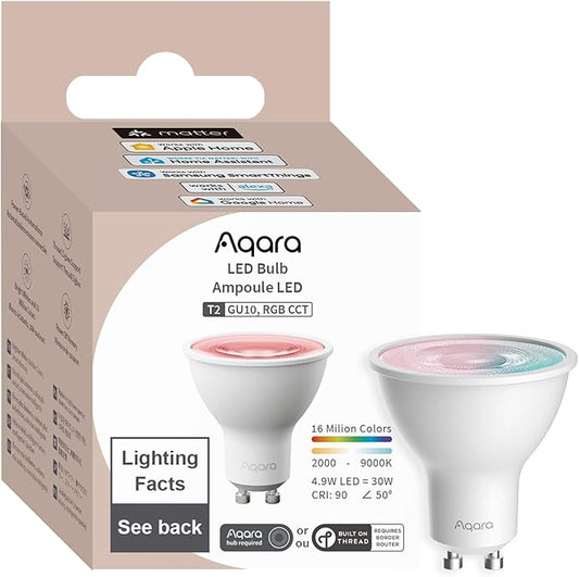 Aqara Thread/Zigbee Smart LED Light Bulb T2 GU10, Tunable White (2000K-9000K), RGB Color Changing Light Bulb with 16 Million Colors,Matter, Works with HomeKit, Alexa, Google