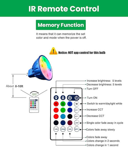RGBW Color Changing MR16 LED Bulbs, CCT Tunable 2700K to 6500K, Dimmable with Remote Control, Memory Function, GU5.3 Bi-pin Base Light Bulbs for 12V Low Voltage Landscape Lighting 3-Pack