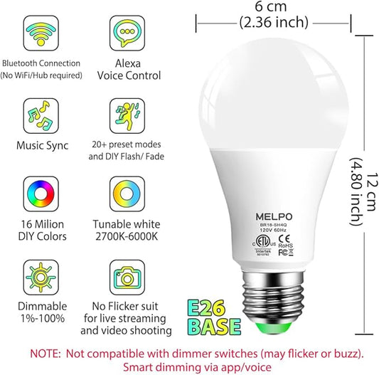 MELPO Smart RGB Light Bulbs Work with Alexa, 12W(130W Equivalent), 2700K-6000K，A19 E26 Bluetooth Color Changing Light Bulb, 16 Million Colors-DIY Flash/Fade - Timing-DIY Scenes- Music Sync (8 Pack)