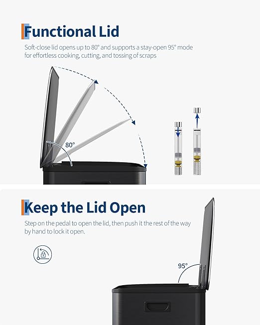 Garvee Stainless Steel Garbage Can, 2 x 8 gal Dual Compartment Trash Can with 2 Inner Buckets and Soft Close Lid, Foot Pedal Garbage Bin for Bathroom, Living Room, Kitchen, Black