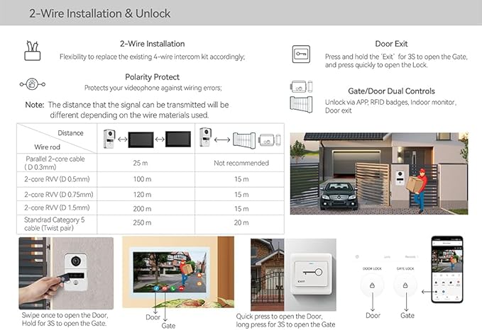 2pin-Wired 2MP HD Indoor 7" WiFi Monitor Smart Home Video Doorbell Intercom System, Remote APP Phone Unlock Video Record Motion Detect 2-Way Talk IR Camera Door Bell 1x doorbell + 2X 7in Monitor
