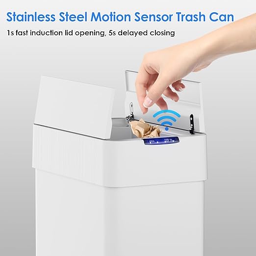 TLSUNNY 16 Gallon Automatic Trash Can, Stainless Steel Motion Sensor Garbage bin, Smart Trash Can W/Butterfly Lid, Bag Retainer Ring and Display Light for Living Room,Kitchen,Office (White, 60L)