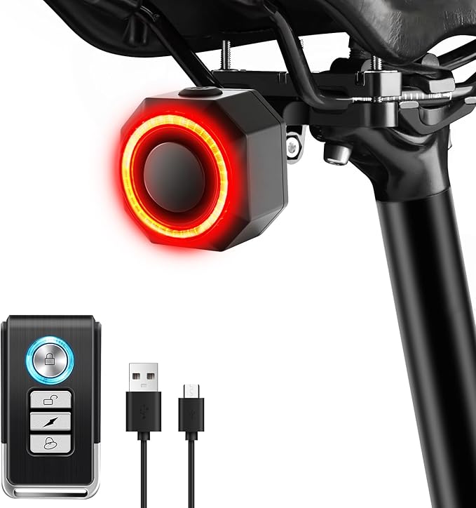 NineLeaf Bicycle Tail Light Rechargeable,Bike Tail Light with Alarm and Remote,Bike Alarms for Ebikes,IP65,113dB Alarms, Level 7 Sensitivity, Auto ON/Off Bike Tail Light with Smart Brake Lights