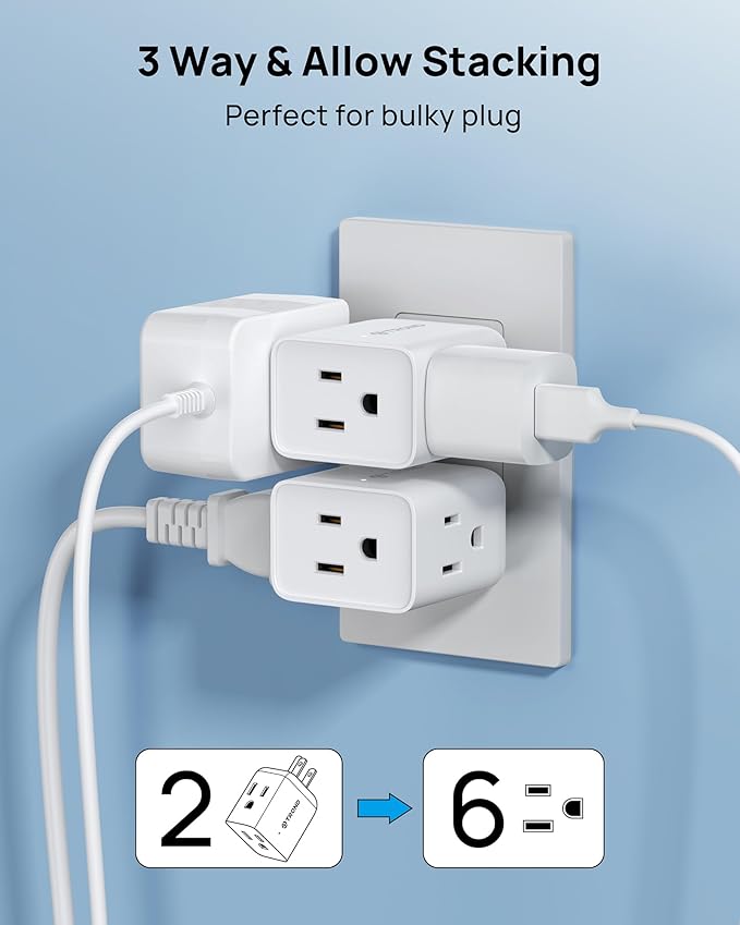TROND Multi Plug Wall Outlet Extender 2 Pack - ETL Listed Electrical 3 Way Plug Extension Outlet Splitter Adapter, Small Multiple Wall Expander for Home Office Dorm Cruise Travel Essentials, White