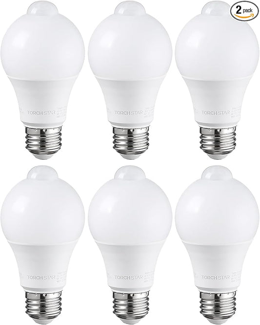 TORCHSTAR 6-Pack A19 Motion Sensor LED Light Bulb, 900LM, E26 6000K
