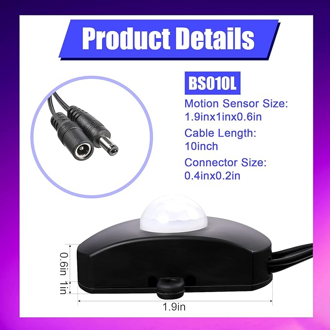 Hortsun 6 Pieces DC 5V-24V 5A PIR Motion Activated Sensor Light Switch Occupancy Motion Sensor with DC Coupler Cable for Party LED Strip Light