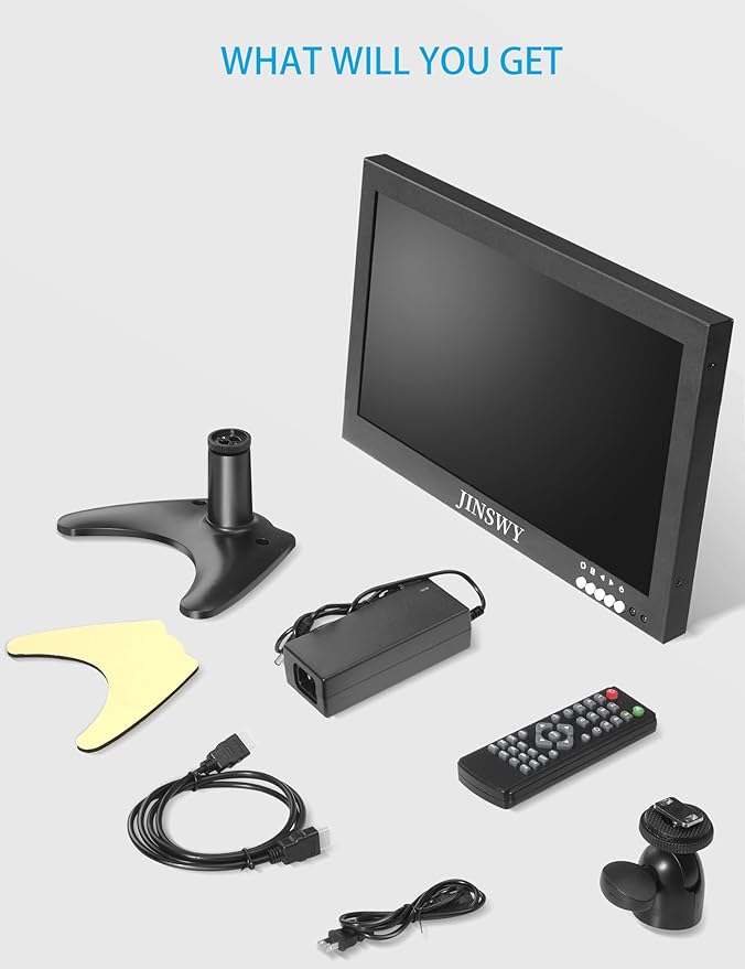 10.1" Security Monitor, 1280 x 800 HD Display, 16:10 IPS Metal Portable Mini CCTV Monitor, HDMI VGA BNC AV USB Ports, Built-in Speakers & Remote Control, for DVR, PC, Raspberry Pi