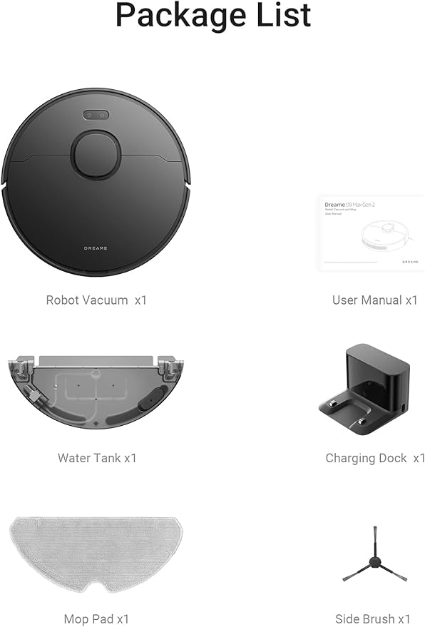 DREAME D9 Max Gen 2 Robot Vacuum and Mop Combo, LDS Navigation, 6000Pa Strong Suction Power, 240mins Runtime, 2-in-1 Sweep and Mop, WiFi, APP, Voice Control