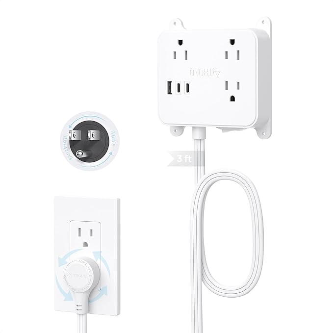 TROND 360 Rotating Plug Flat Power Strip, 3FT Short Extension Cord with 2 USB C Charger, 3 AC Widely Spaced Outlets with On Off Switch, Screw-on Wall Mountable, Use Behind Couches, Nightstands, Desks