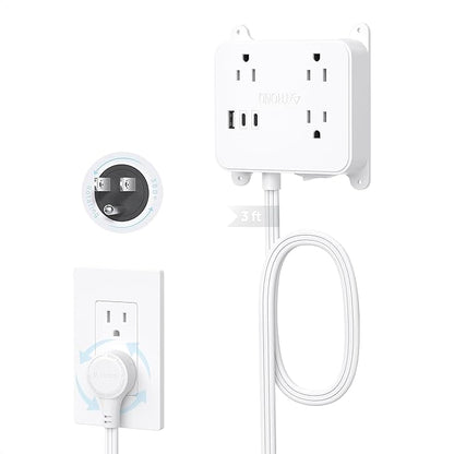 TROND 360 Rotating Plug Flat Power Strip, 3FT Short Extension Cord with 2 USB C Charger, 3 AC Widely Spaced Outlets with On Off Switch, Screw-on Wall Mountable, Use Behind Couches, Nightstands, Desks