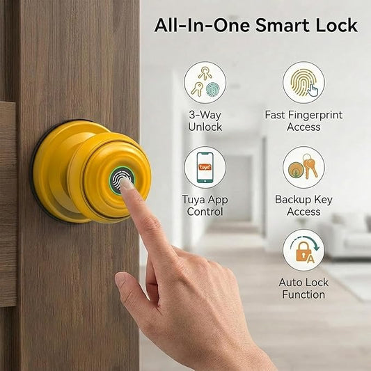 Smart Fingerprint Door Lock Knob, Tuya App Keyless Entry, Yellow | Biometric Handle, Auto Lock, Remote Access, Backup Key, Easy Installation