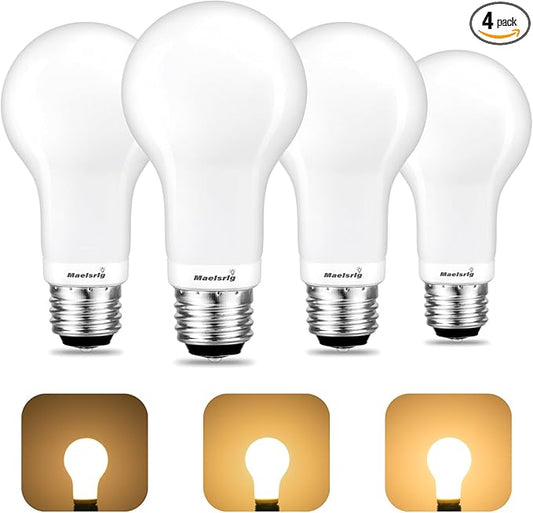 Maelsrlg 3-Way Light Bulbs, 30 70 100 Watt Equivalent, Soft White 2700K, A19 Three Way LED Bulbs, 3W/8W/10W, E26 Medium Base, Pack of 4