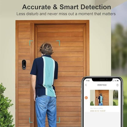 Doorbell Camera Wireless No Subscription, 1080p Video Doorbell with Chime, 2-Way Audio, Night Vision, 2.4G Wi-Fi, Indoor Outdoor